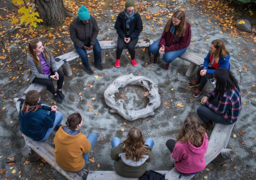 A group of women sit in a circle around a fire pit in the woods. They are wearing warm clothes and talking.